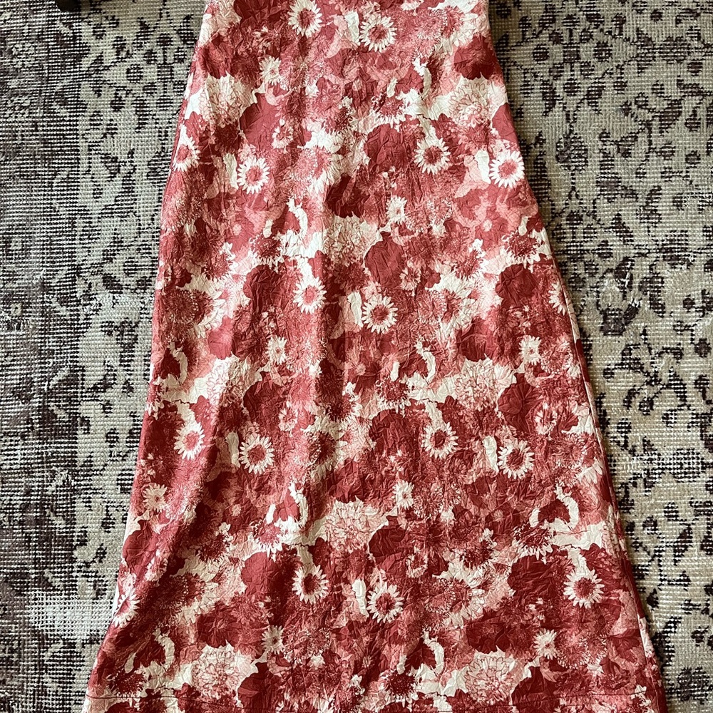 Ganni Red Brown Floral Silky A-line Maxi Skirt